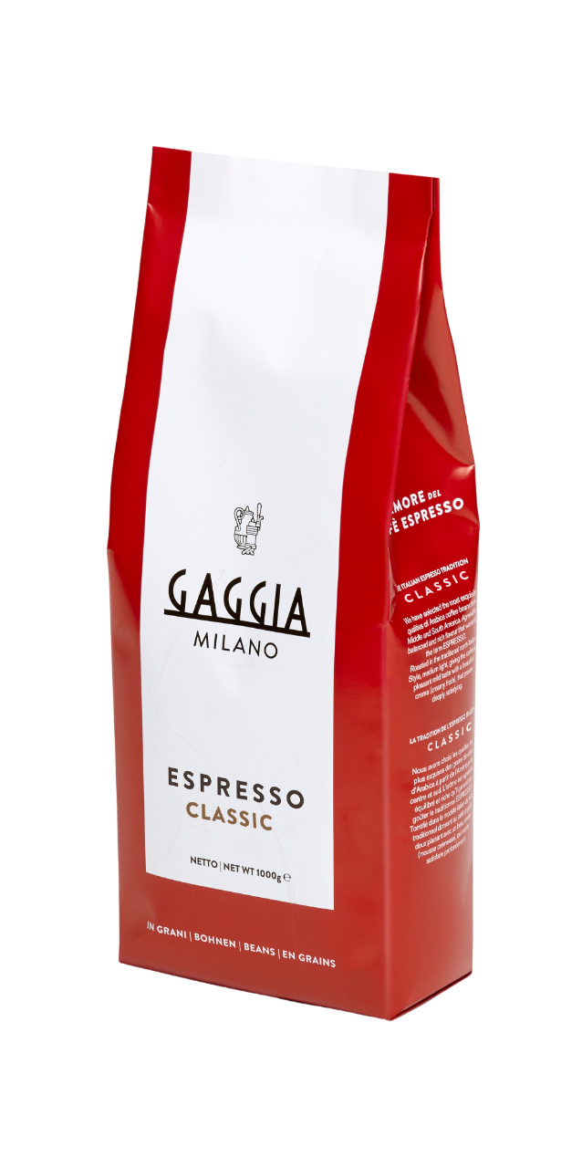 Eine rot-weiße Tüte Gaggia Espresso Classic Kaffeebohnen.