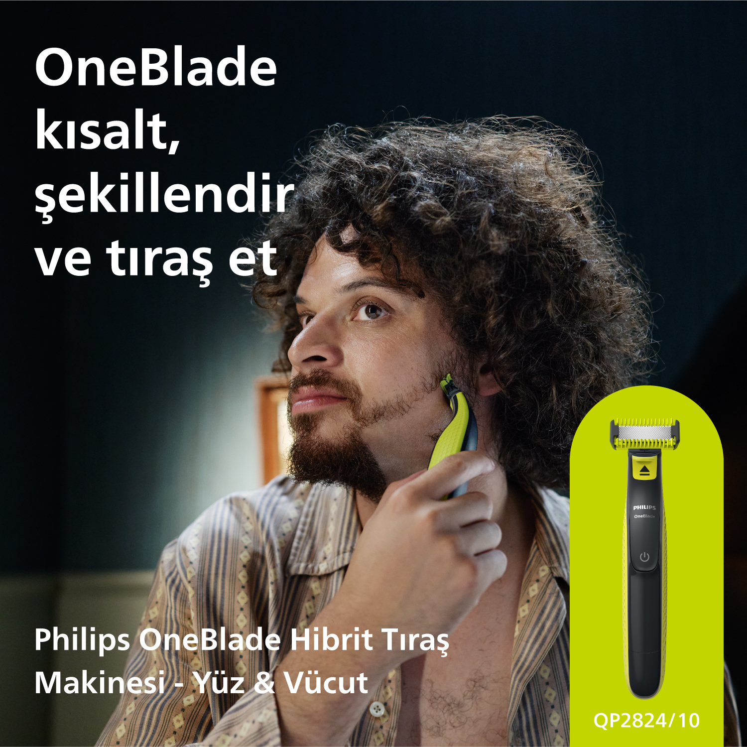 Bir adam Philips OneBlade ile yüzünü tıraş ediyor. Bir ürün ve metin sağ tarafta.
