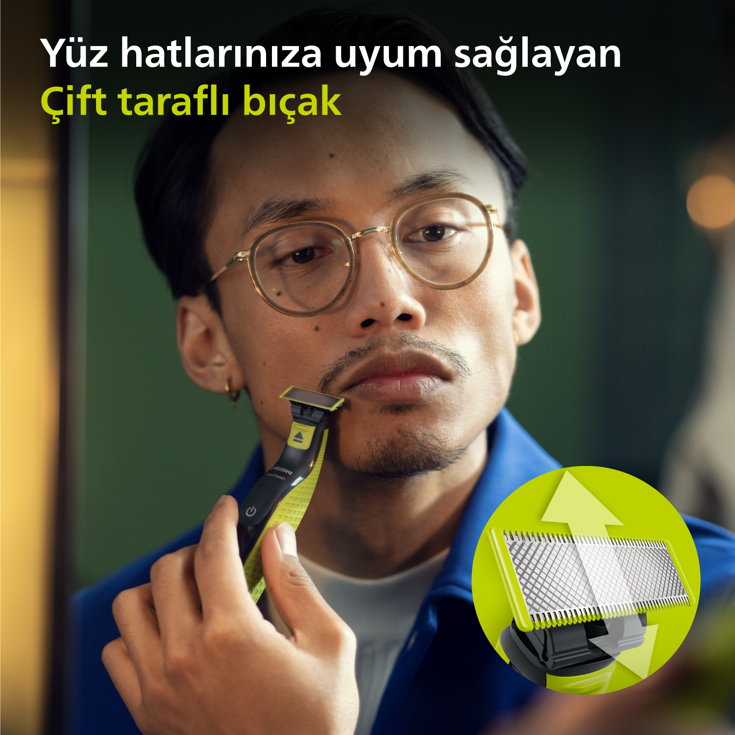 Adam yeşil ve siyah bir tıraş makinesiyle tıraş oluyor. Tıraş makinesi bir grafikte ayrıntılı olarak gösteriliyor.