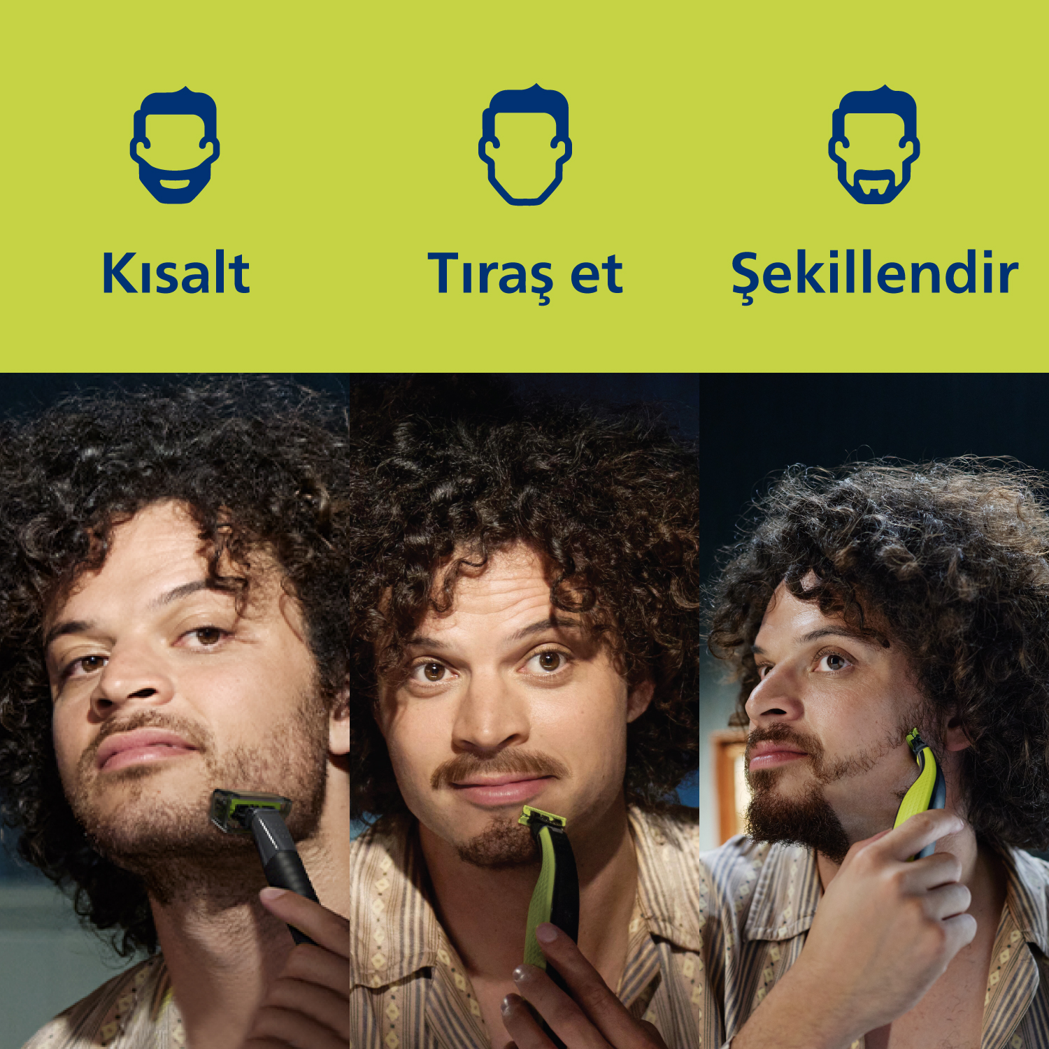 Sakalını şekillendiren bir adamın üç görüntüsü. Farklı sakal stillerini gösteriyor.