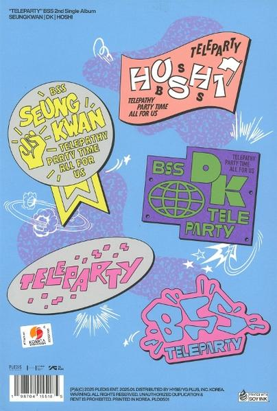 Ein Stickerbogen mit Text und farbenfrohen Designs. Die Wörter 'TELEPARTY' und 'BSS' sind sichtbar.