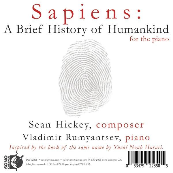 CD-Cover für 'Sapiens: Eine kurze Geschichte der Menschheit'. Fingerabdruck-Bild in der Mitte.