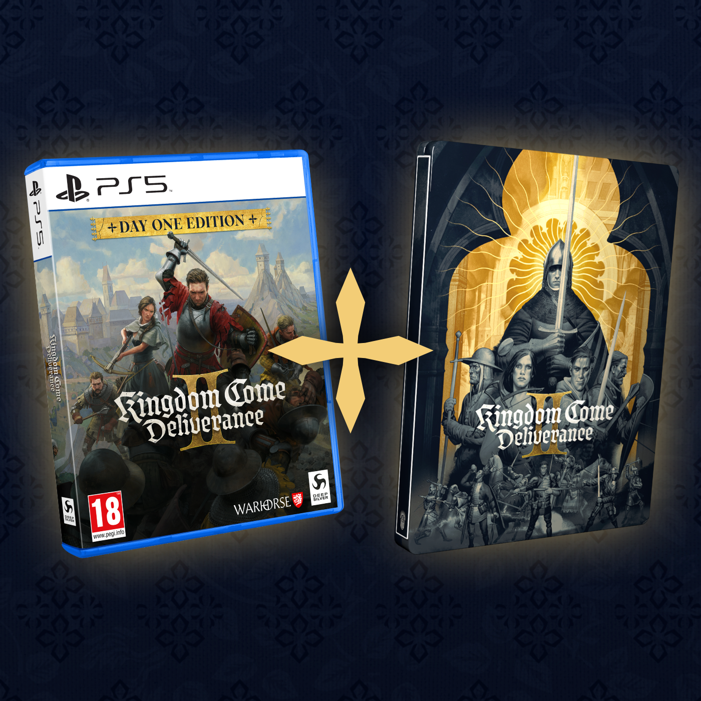 Zestaw gier Kingdom Come Deliverance II z pudełkiem PS5 i stalową obudową z grafiką średniowieczną.