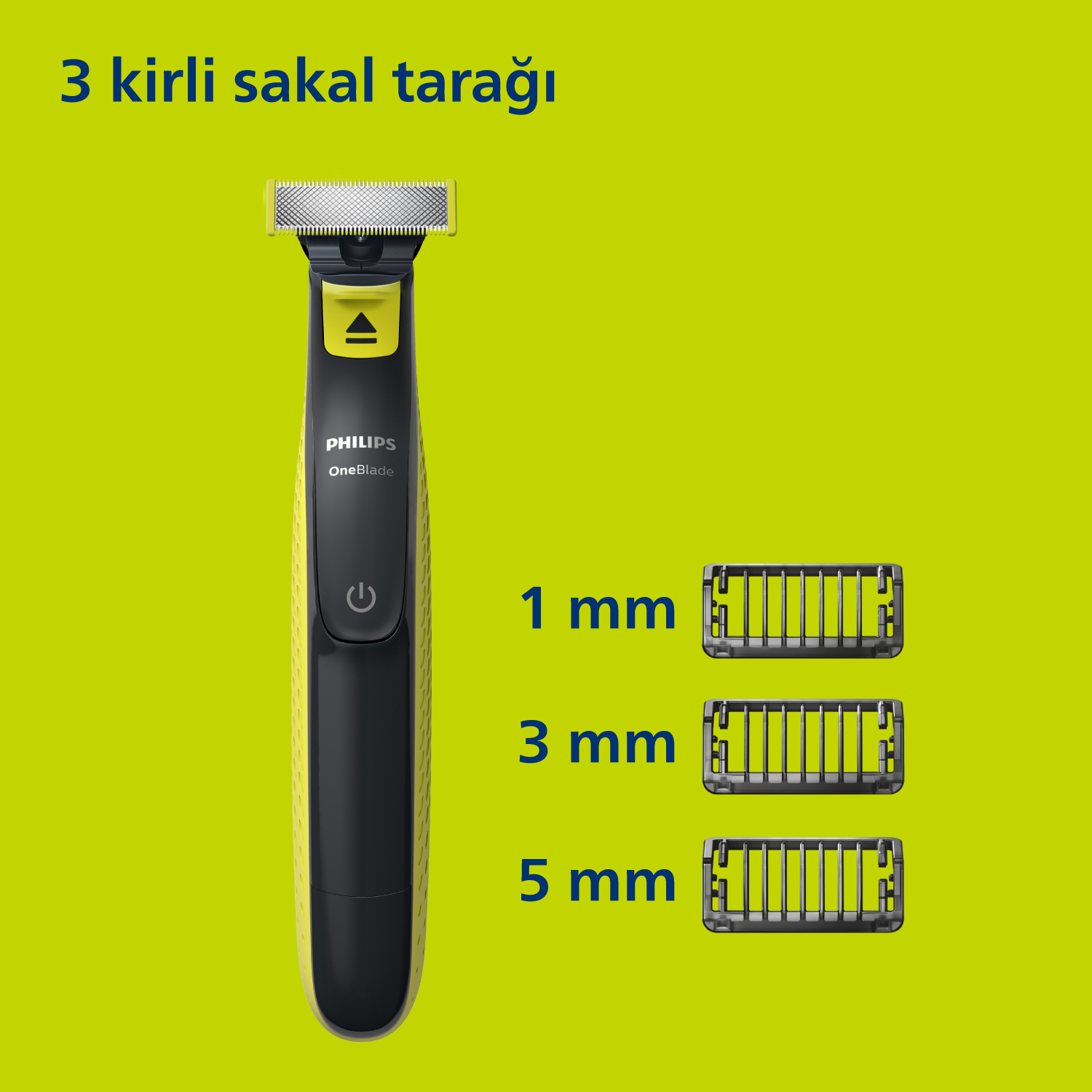 Siyah ve sarı bir Philips OneBlade ve üç farklı kesme tarağı.