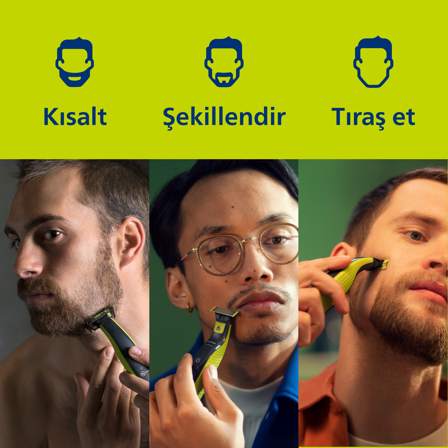 Elektrikli tıraş makineleriyle tıraş olan üç adam, metinlerle etiketlenmiş.