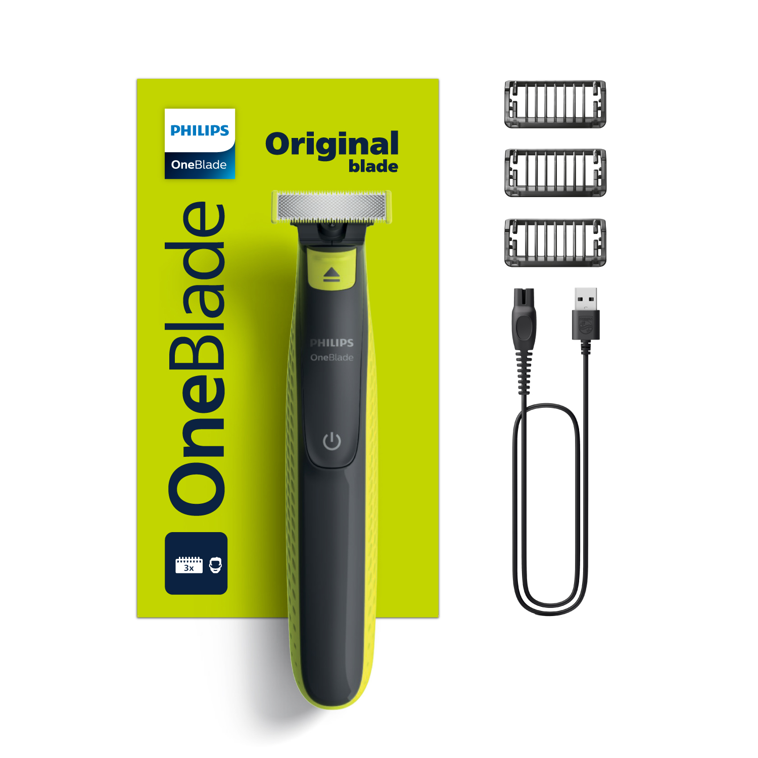 Philips OneBlade, tıraş makinesi, aksesuarlı yeşil ambalaj.