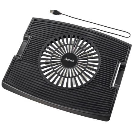 Schwarzes Laptop-Kühlpad mit Lüfter. Ein USB-Kabel ist oben angeschlossen.