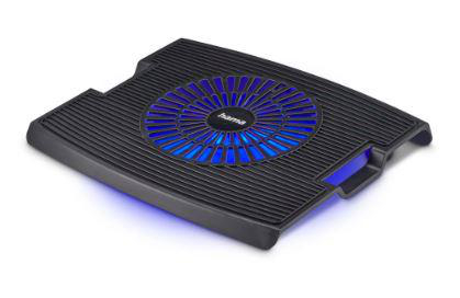 Schwarzes Laptop-Kühlpad mit blauem Licht.