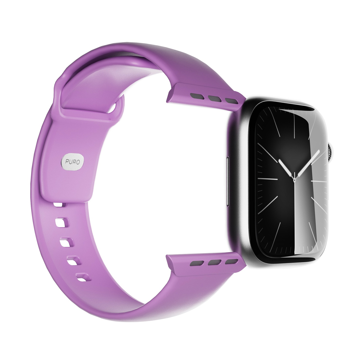 Cinturino viola per smartwatch con quadrante nero quadrato, sfondo bianco.