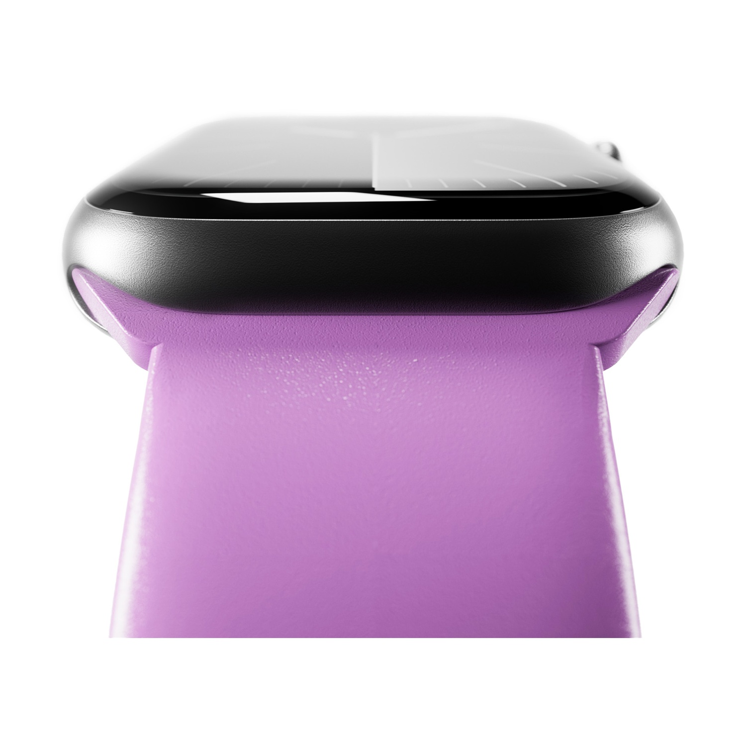 Primo piano di uno smartwatch con cinturino viola.