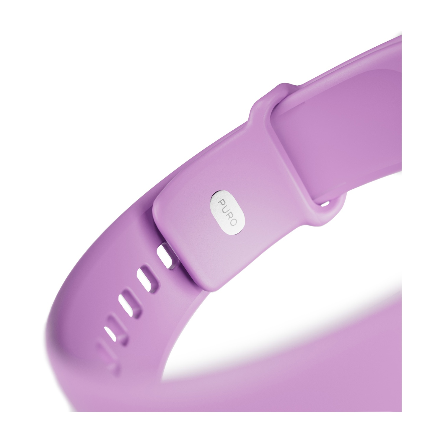 Primo piano di un cinturino viola per fitness tracker con logo.