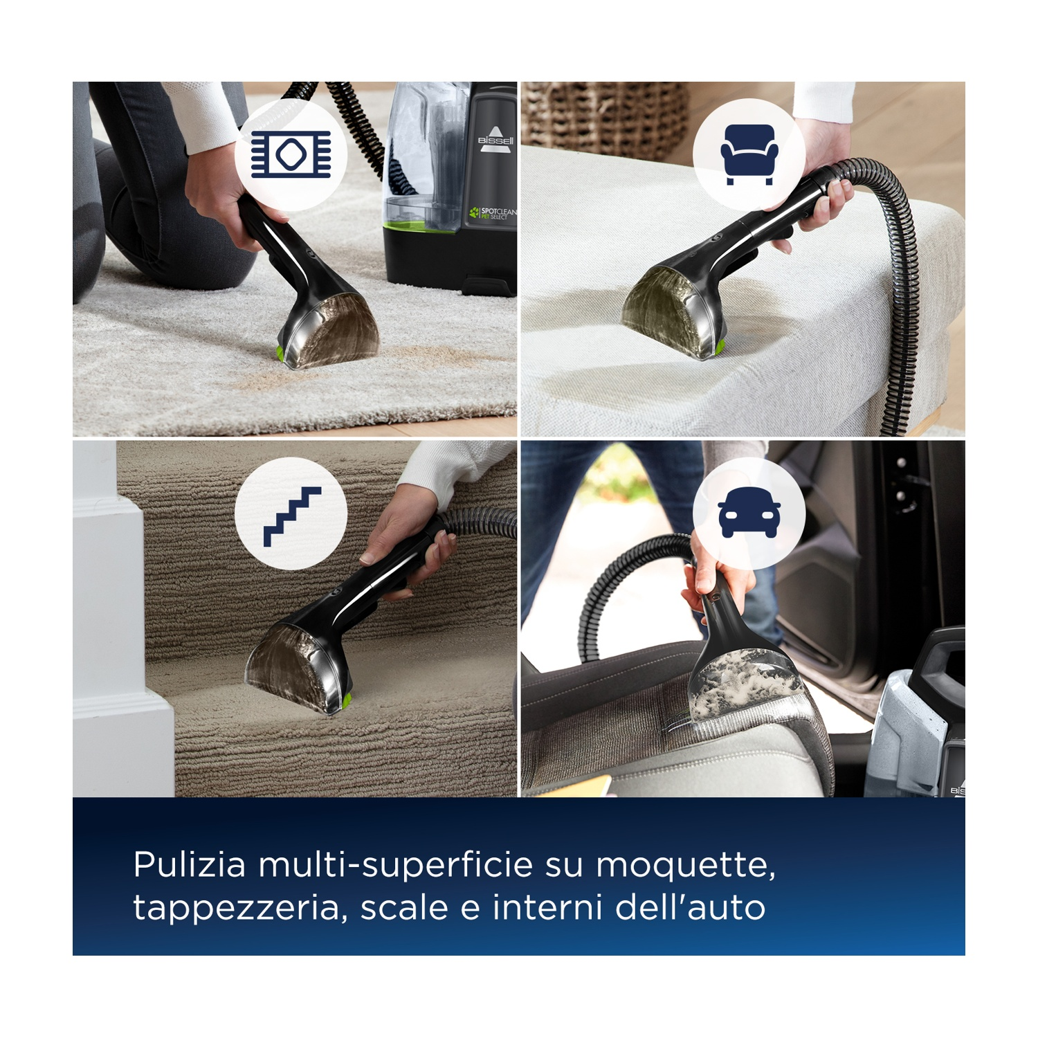 Scatti di prodotto mostrano un dispositivo di pulizia in uso su varie superfici.
