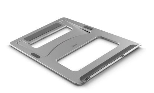 Silberner Laptop-Ständer, rechteckige Form mit Aussparungen.