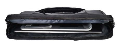 Schwarze Laptoptasche mit geöffnetem Reißverschluss, die einen Laptop und Zubehör zeigt.