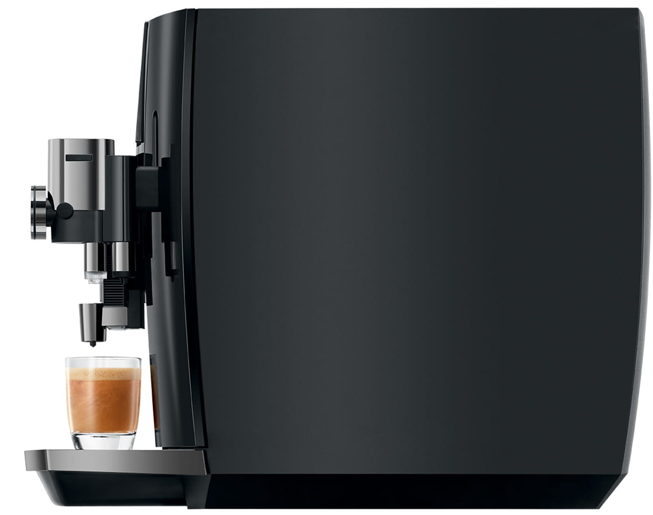 Czarny ekspres do espresso ze szklanką kawy.