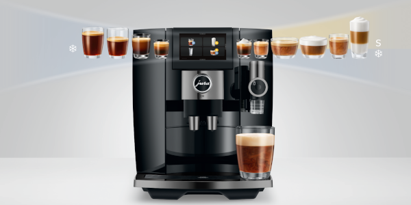 Czarny ekspres do kawy z różnymi opcjami napojów kawowych.