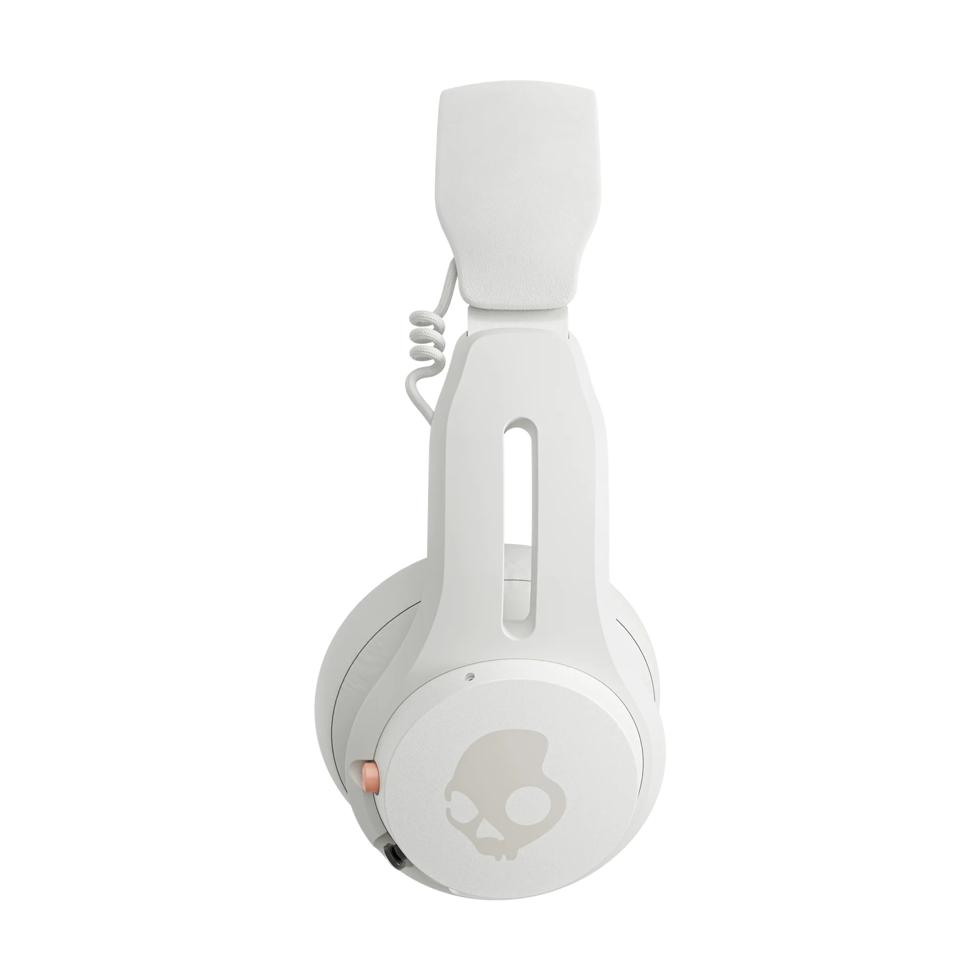 Weiße Skullcandy-Kopfhörer mit geschwungenem Design.