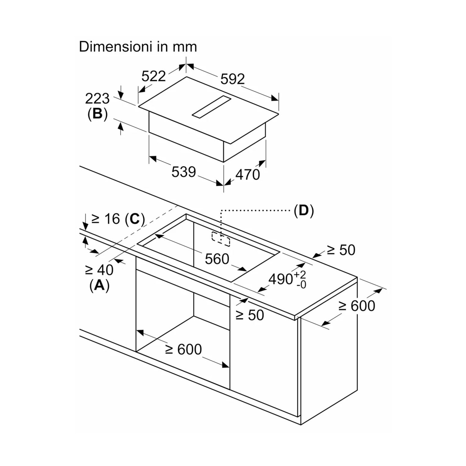 Disegno tecnico di un piano cottura con misure e dimensioni.