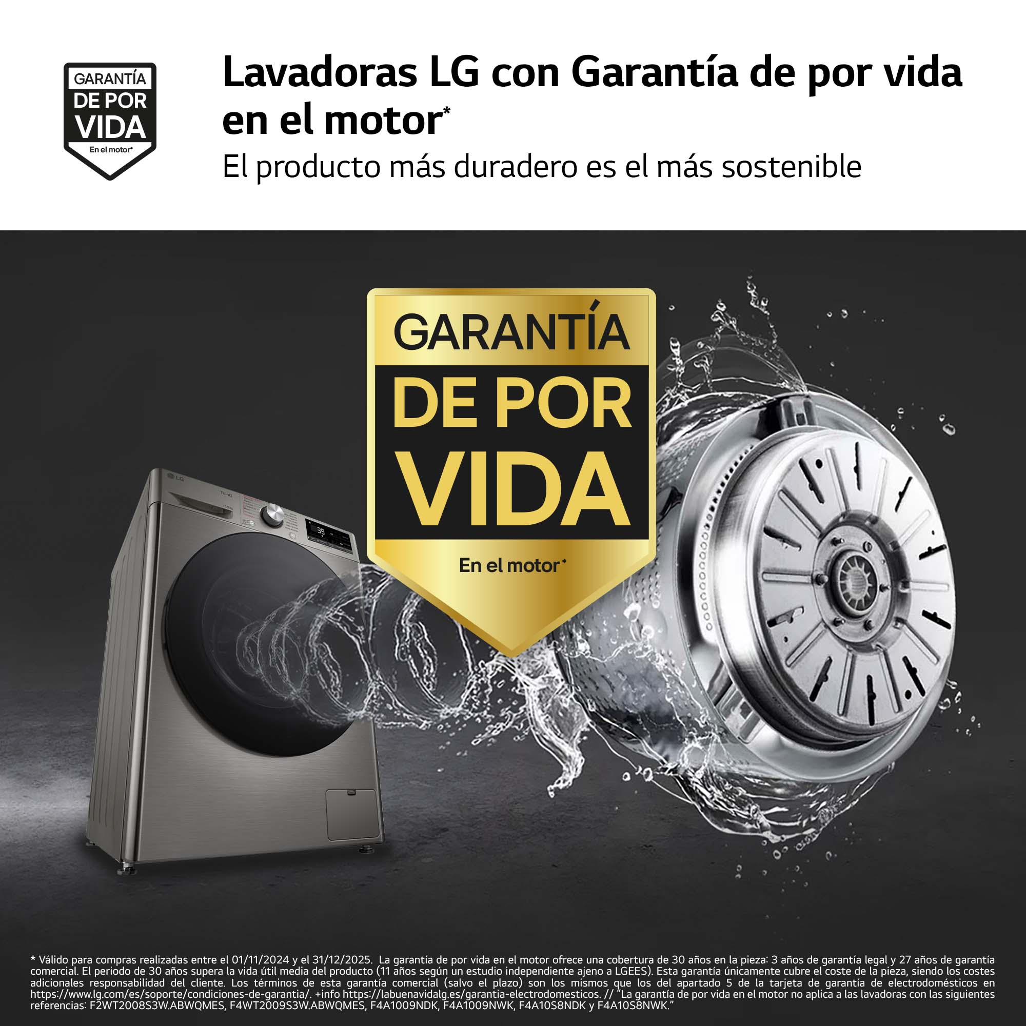 Un anuncio de una lavadora LG. Se muestra una lavadora plateada, un motor y salpicaduras de agua.
