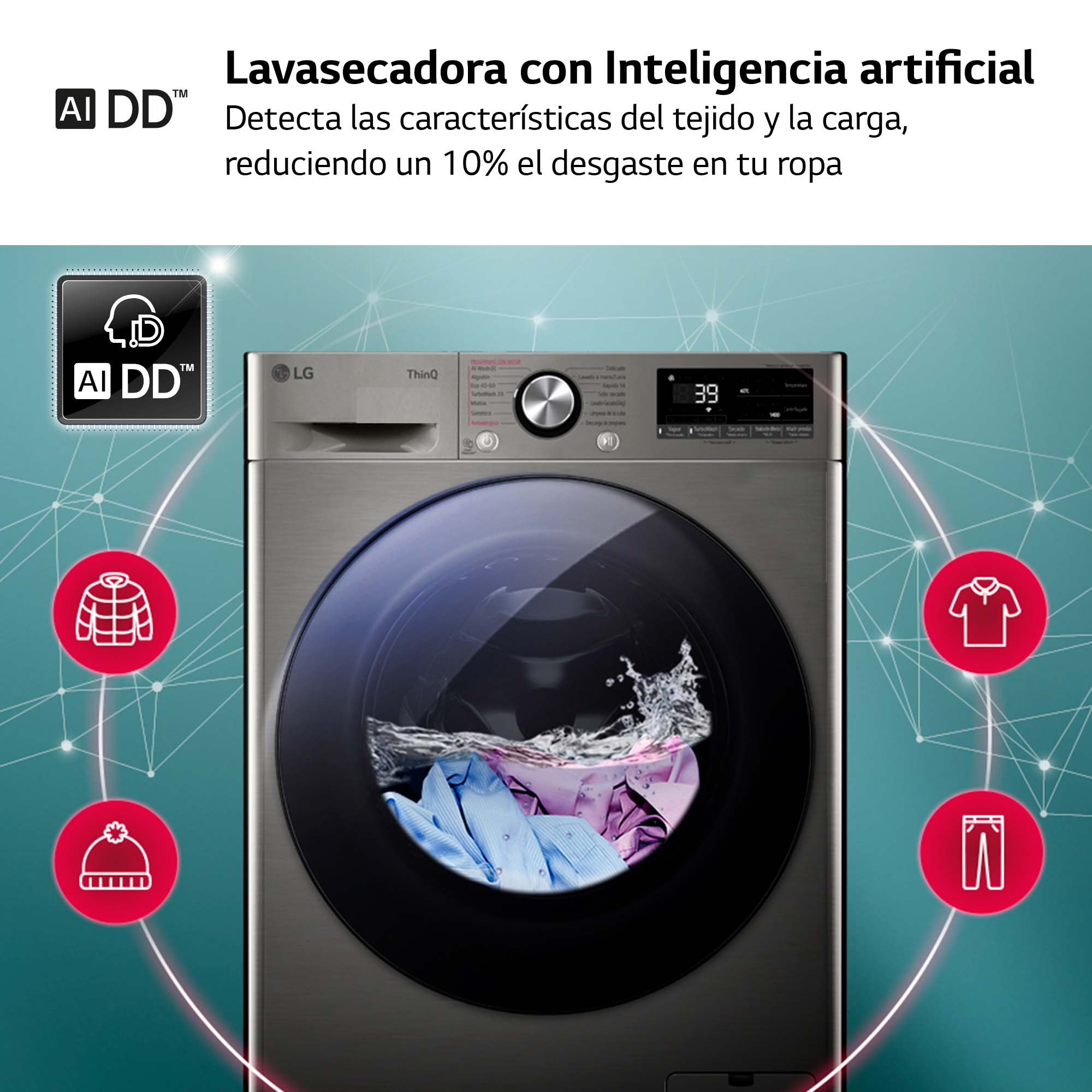 Una lavadora con ropa dentro y un gráfico que muestra prendas de vestir.