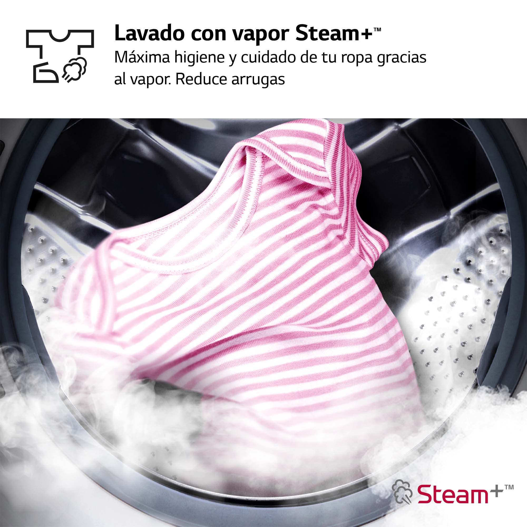 Lavadora con camisa de rayas rosas.