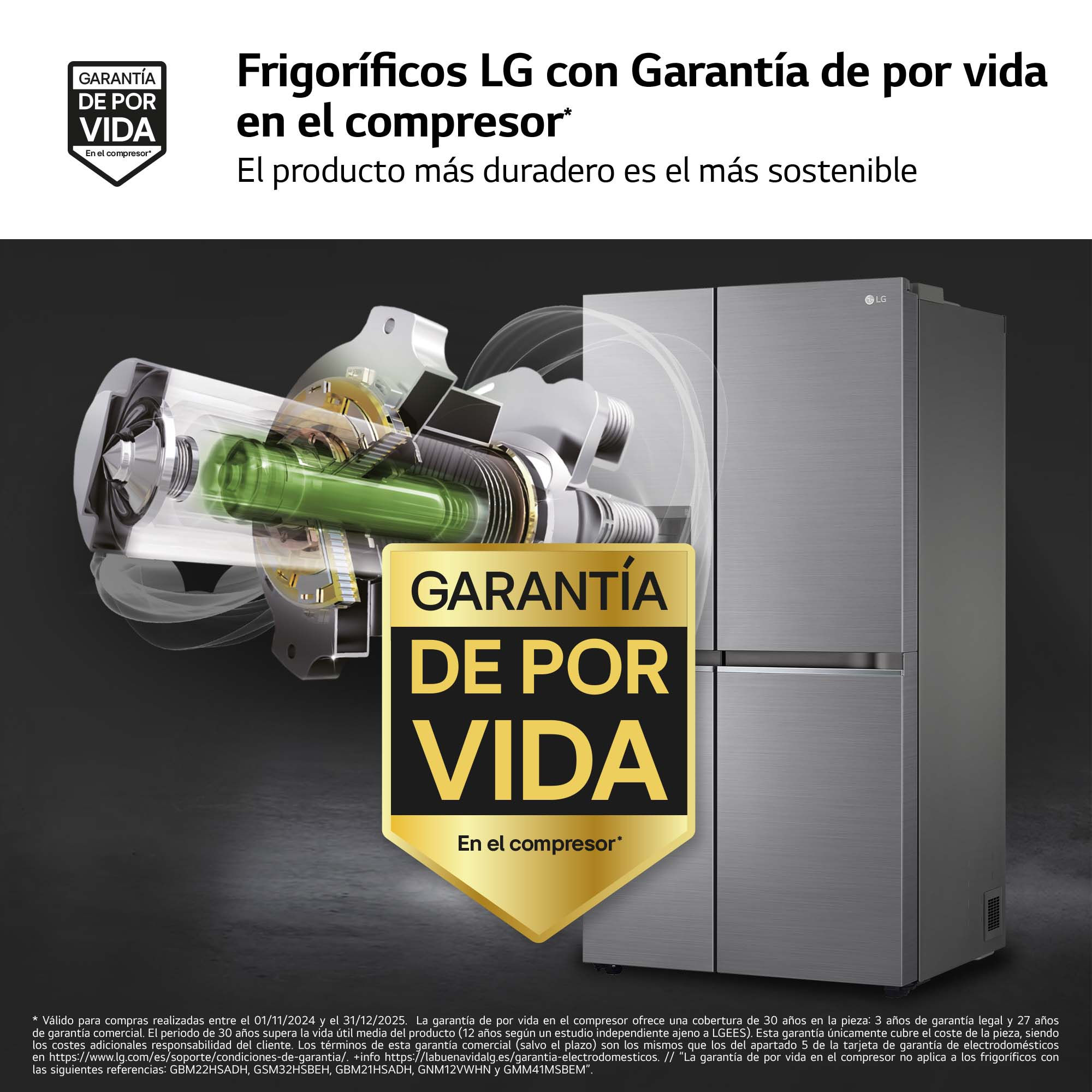 Anuncio de nevera LG con detalle del compresor. Muestra un sello de garantía de por vida. Texto: 'Producto duradero es sostenible'.
