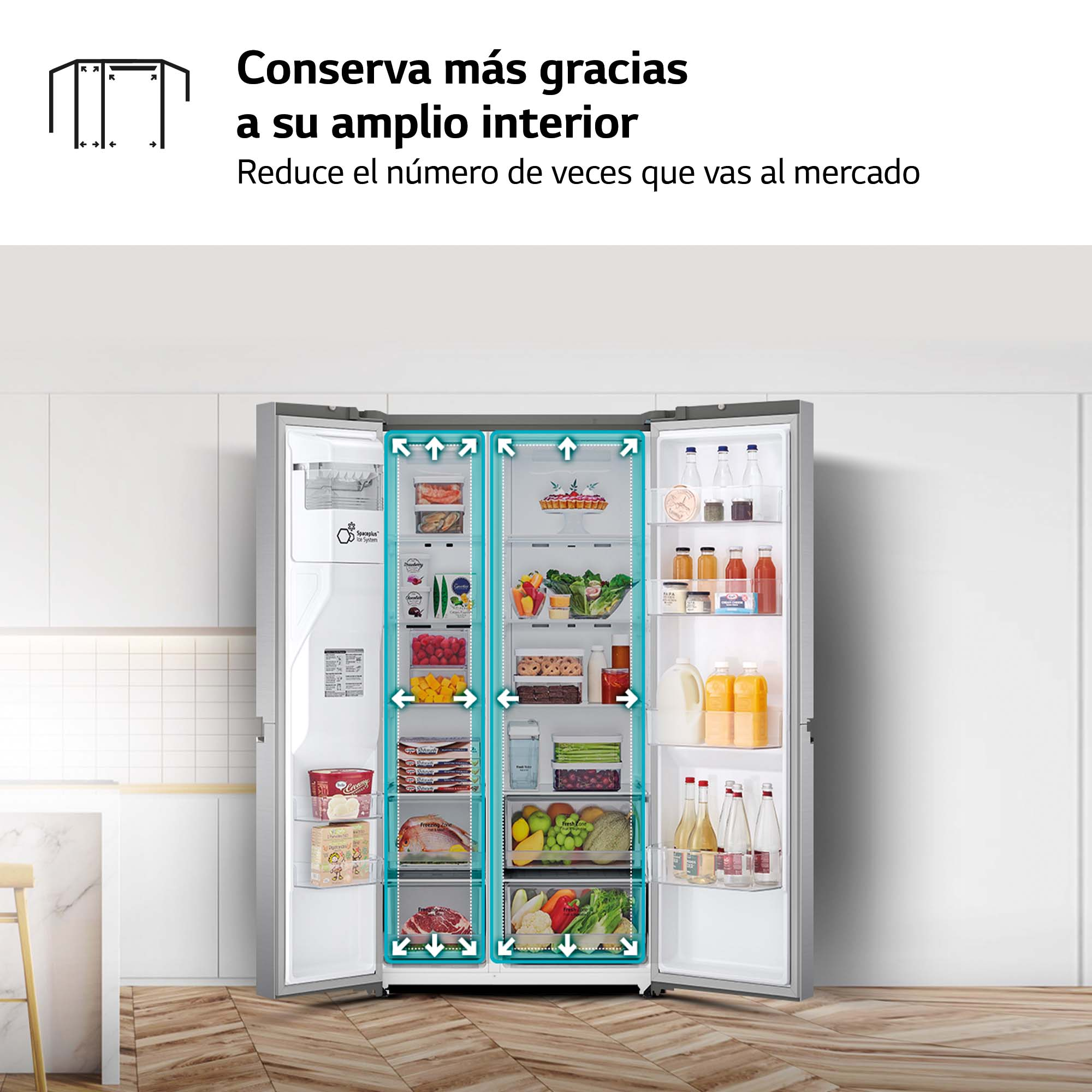 Un refrigerador con las puertas abiertas, mostrando los compartimentos interiores llenos de comida.