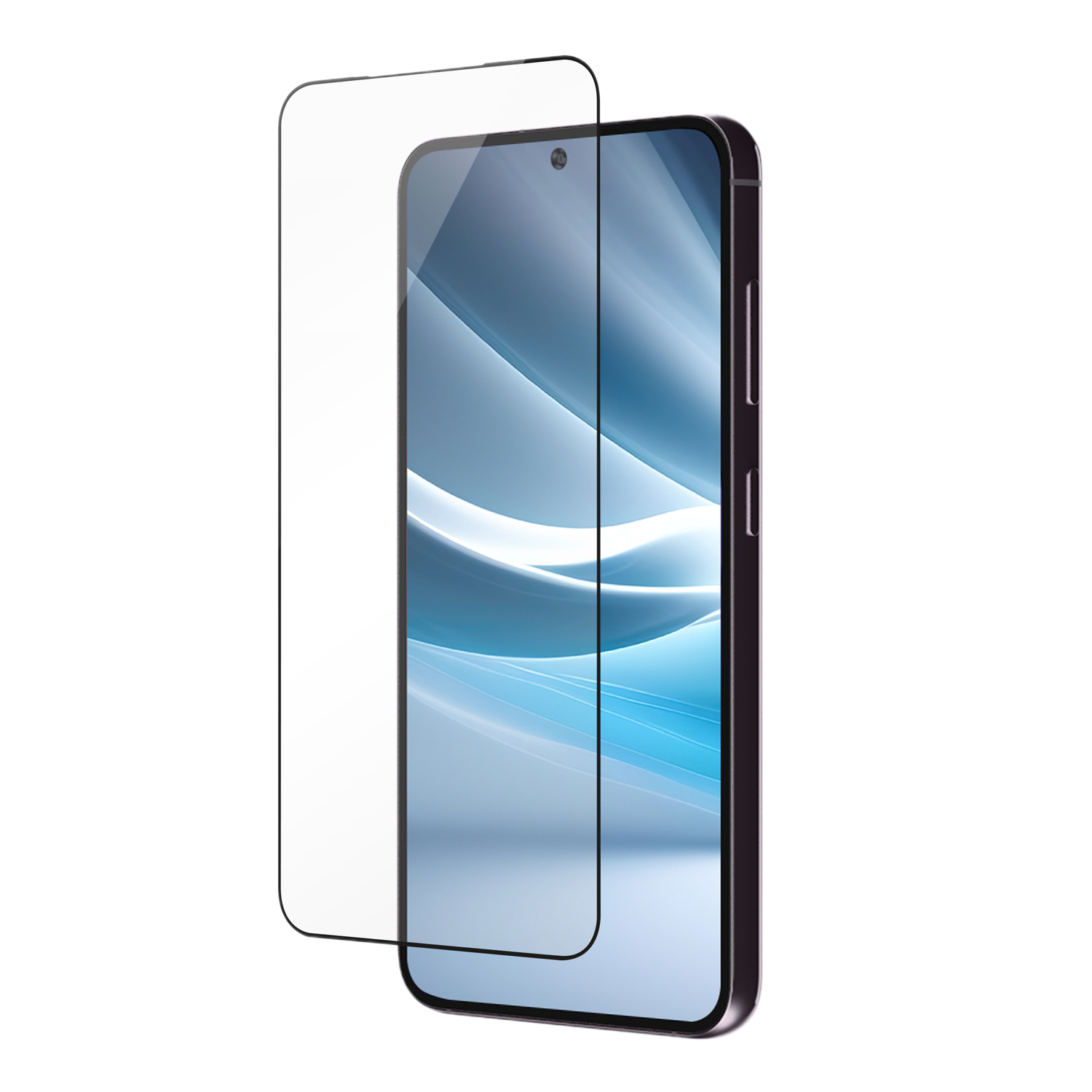 Smartphone met aangebrachte schermbeschermer en de beschermer zelf.
