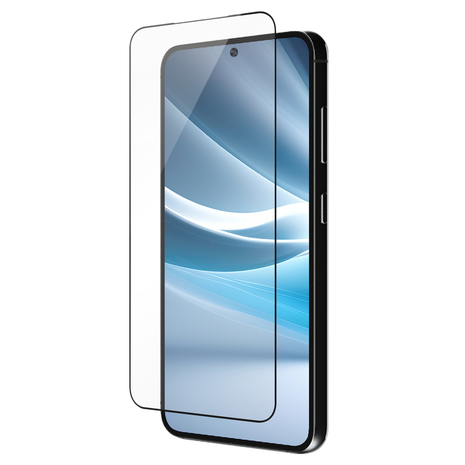Een smartphone met een screenprotector aangebracht. De telefoon is zwart en de protector is transparant.