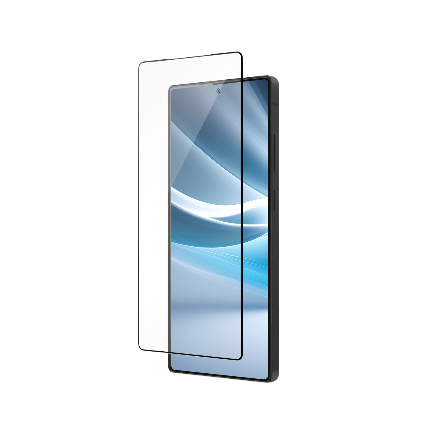 Een smartphone met een schermbeschermer naast een beschermer. Zwarte telefoon met een glazen scherm.