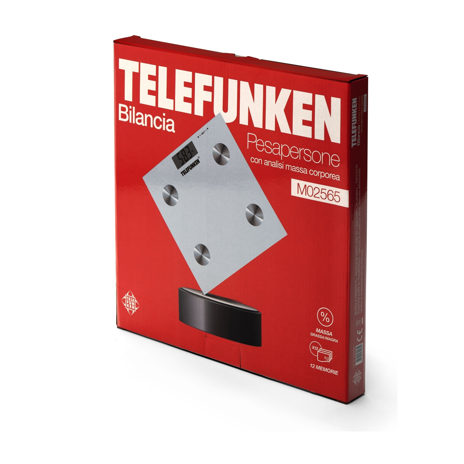 Una scatola rossa di una bilancia Telefunken. La bilancia è argento con quattro cerchi neri.