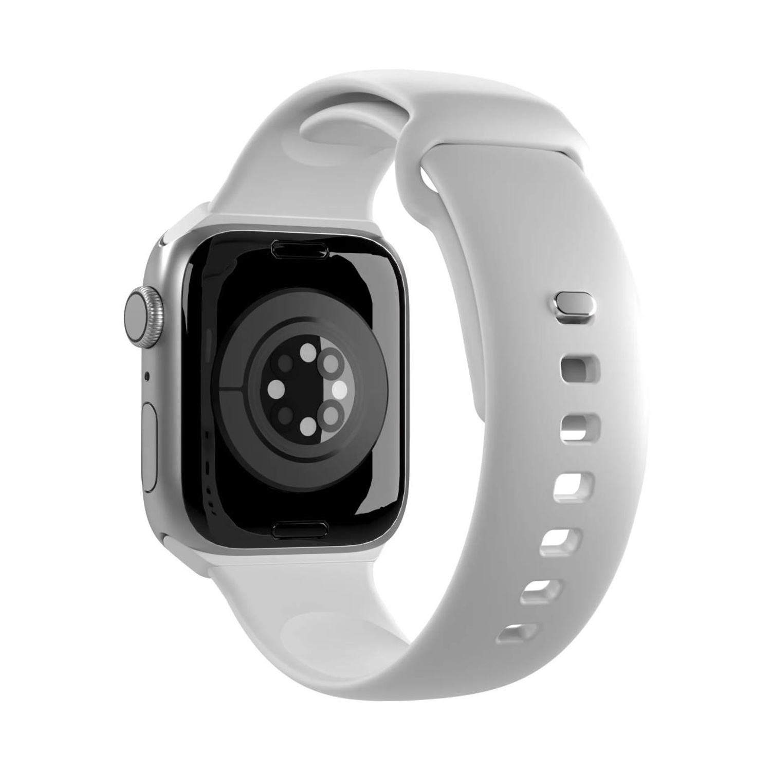 Smartwatch argentato con cinturino bianco, vista posteriore. Il lato inferiore mostra sensori e una superficie nera.