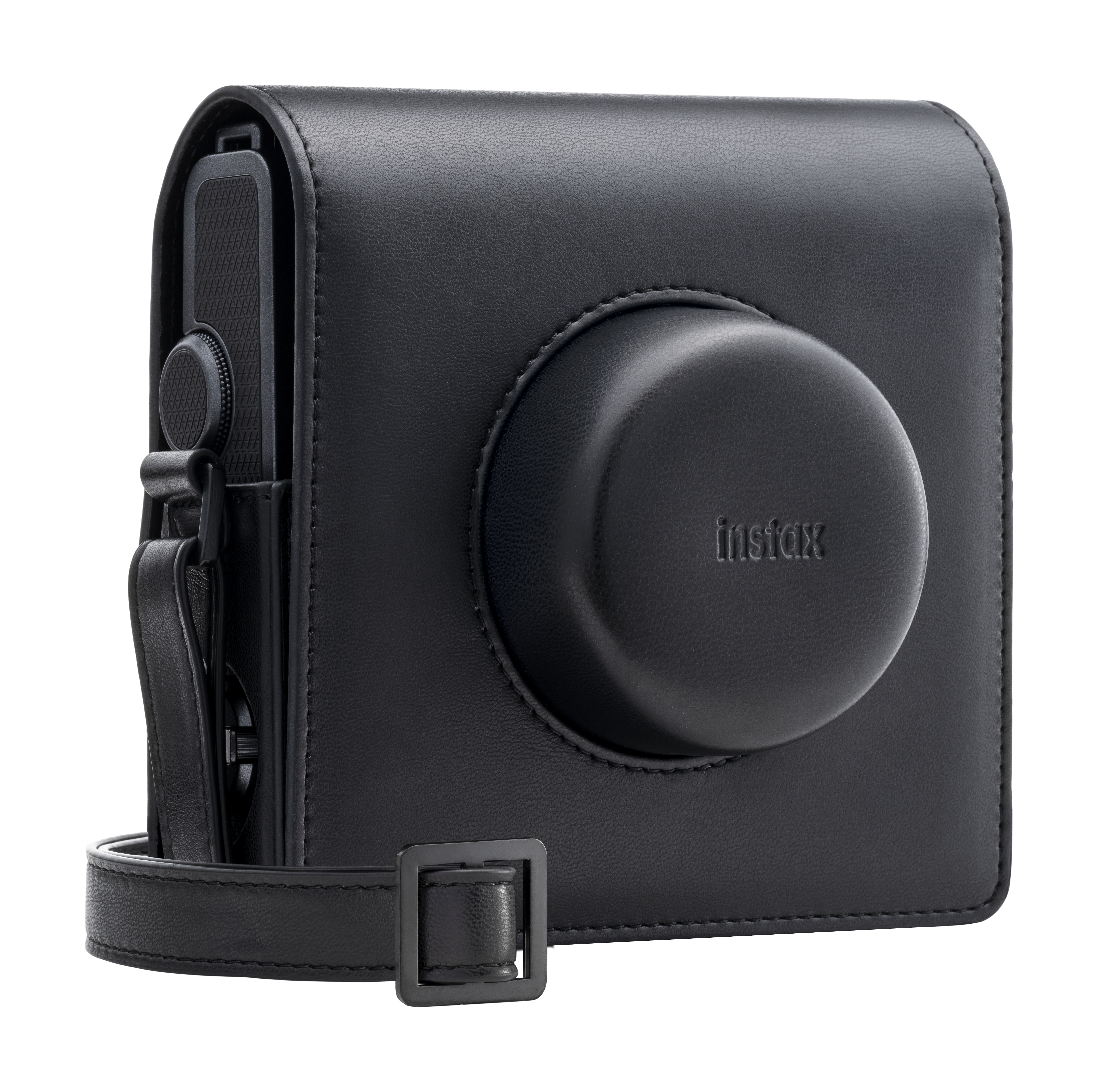 Schwarze Instax-Kamera in schwarzer Ledertasche mit Riemen.