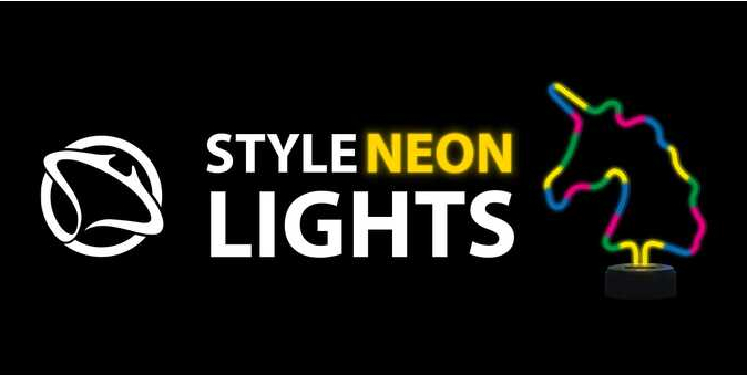Neonowy znak z napisem 'STYLE NEON LIGHTS' i wzorem jednorożca.
