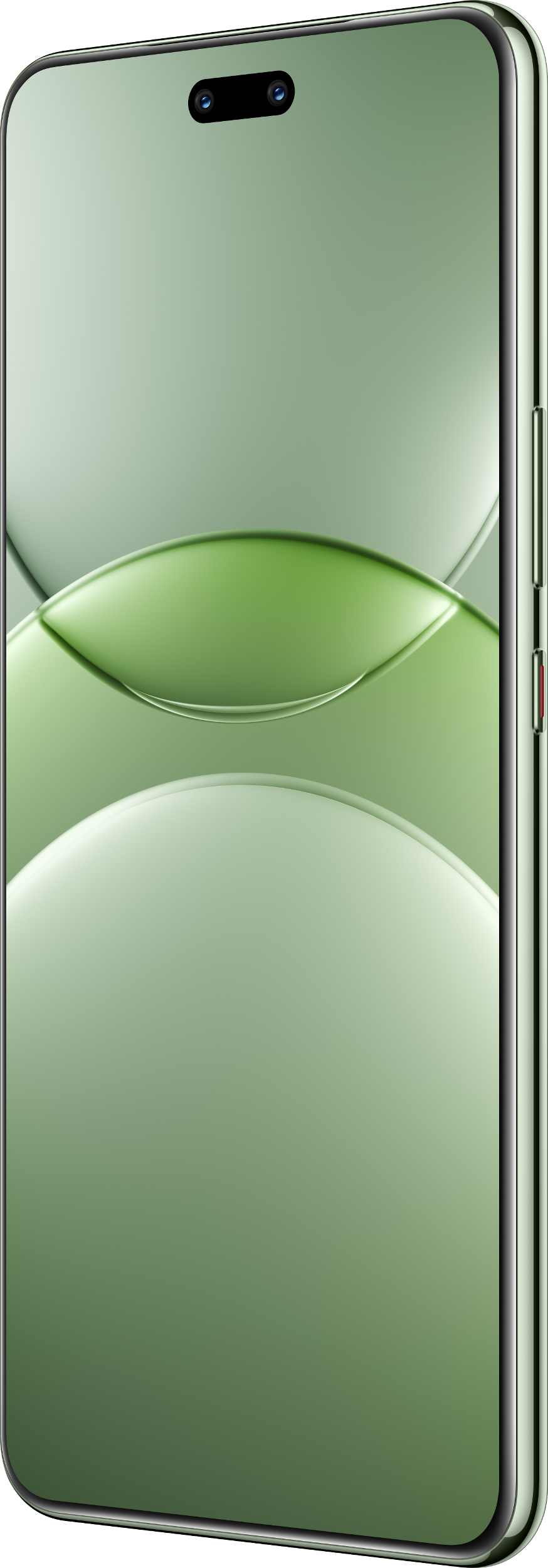 Zielony smartfon z podwójnym aparatem i zakrzywionym ekranem, widok z boku.