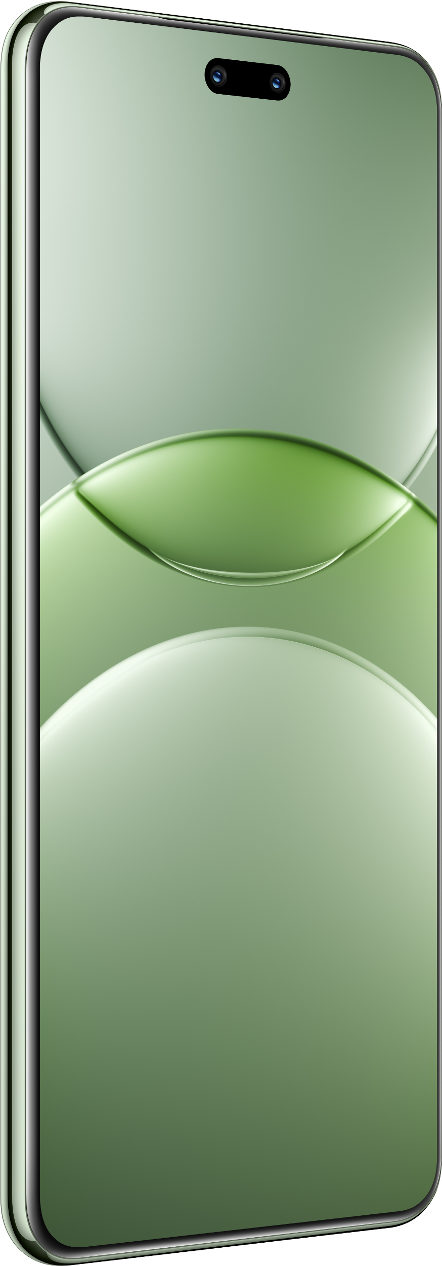 Zielony smartfon z zakrzywionym ekranem. Czarne obiektywy aparatu na górze. Białe tło.