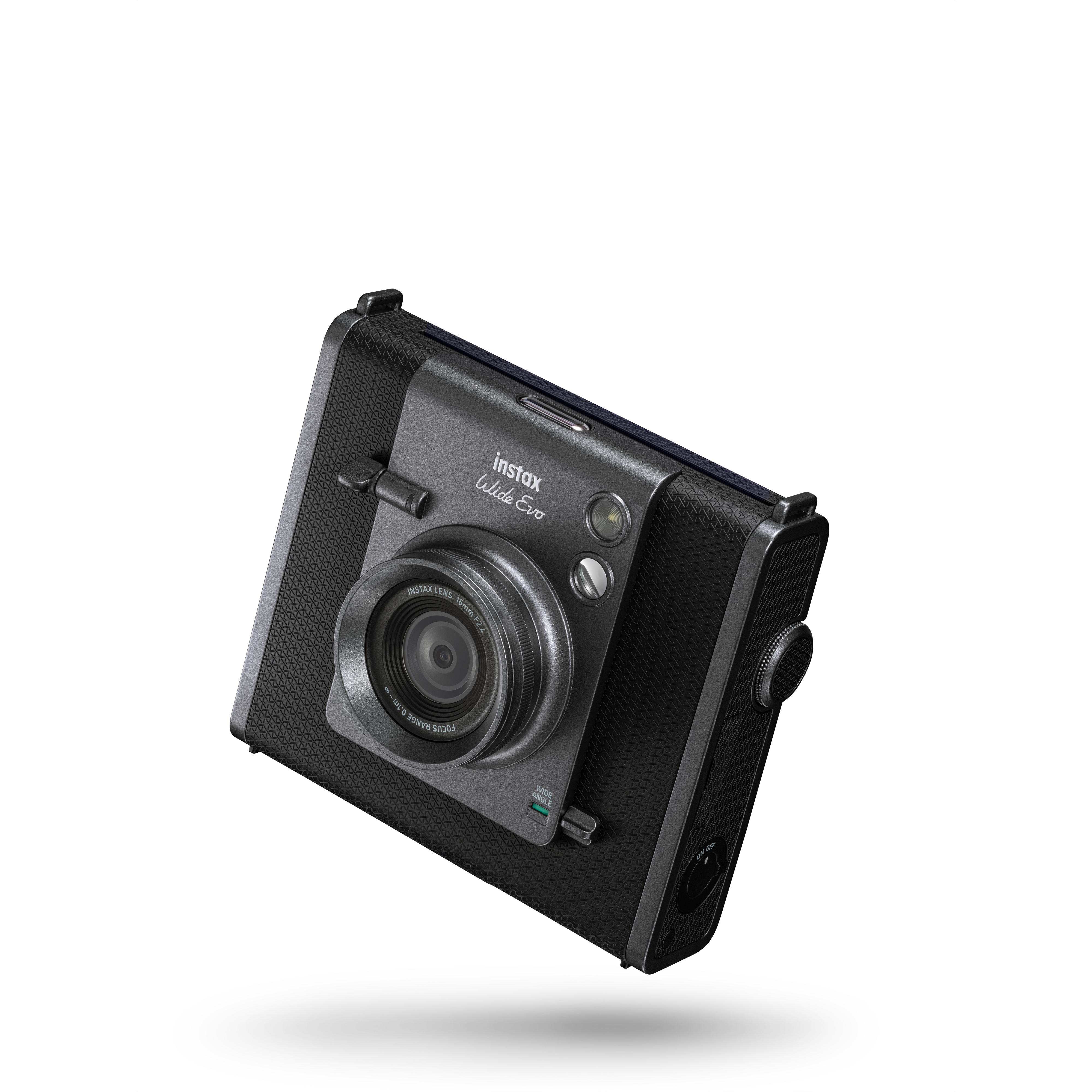 Instax Wide Evo Kamera, schwarz und grau mit Objektiv.