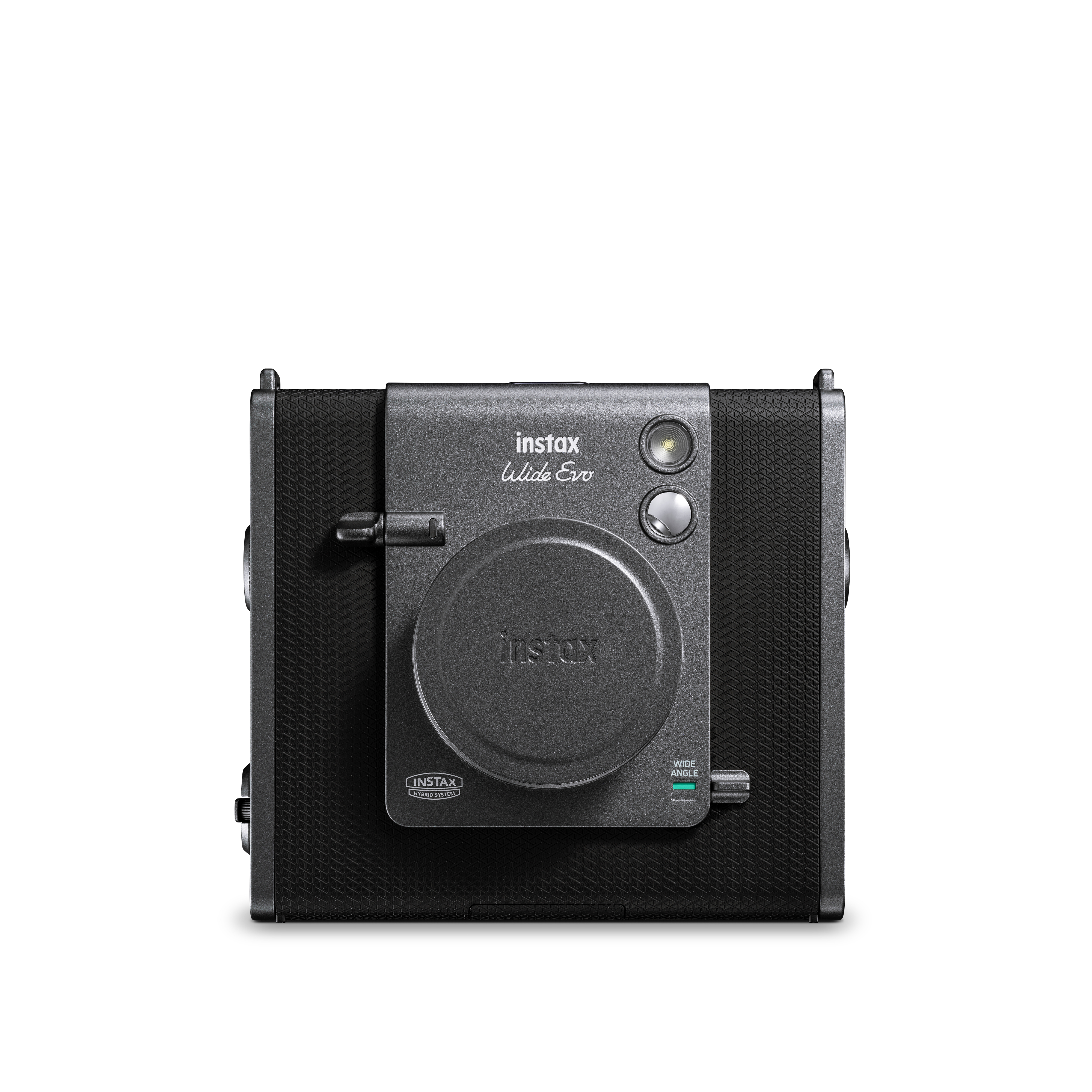 Draufsicht auf eine Instax-Kamera, schwarzes Gehäuse mit dem Label Instax Wide Evo.