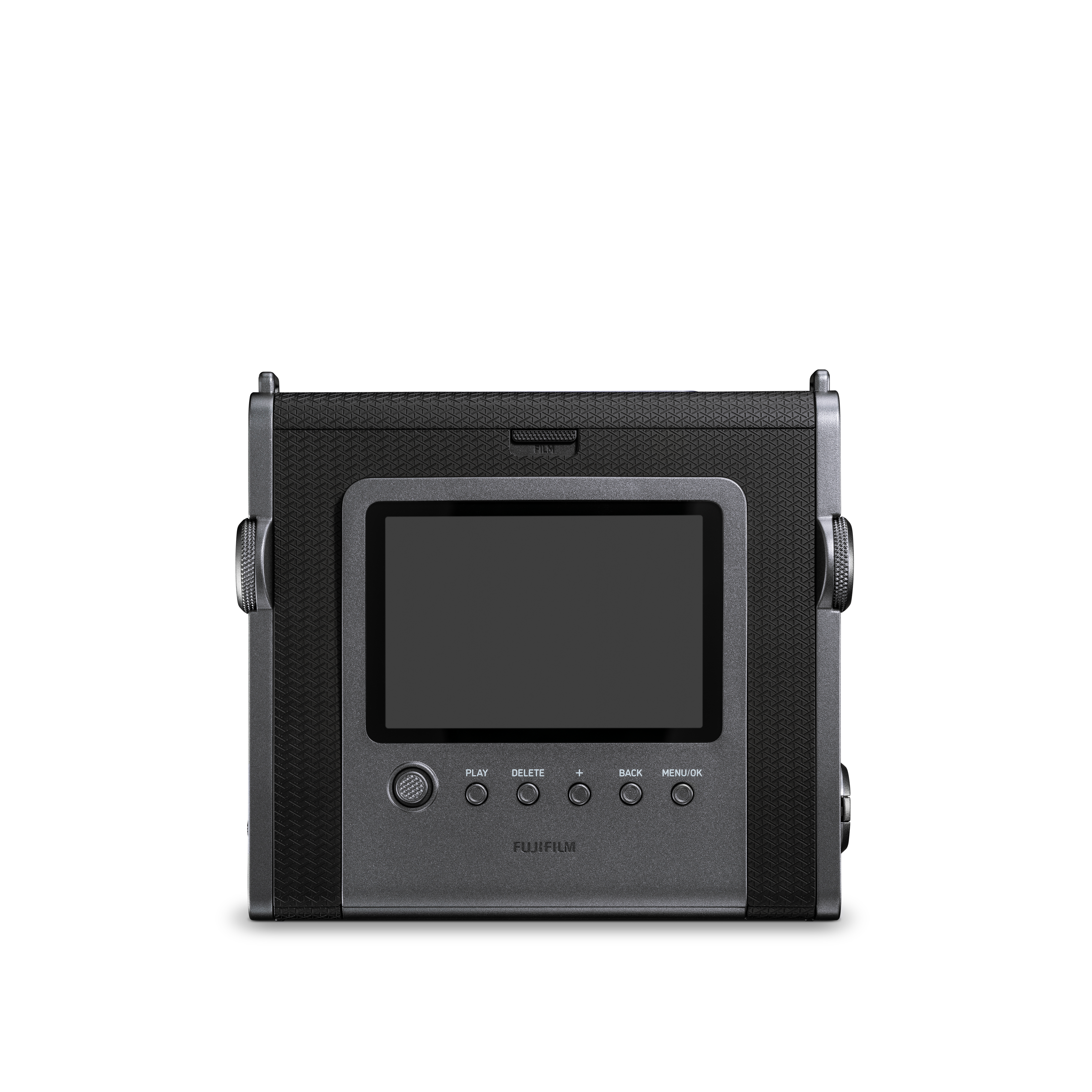 Graue Fujifilm Kamera mit schwarzem Bildschirm und Knöpfen. Weißer Hintergrund.