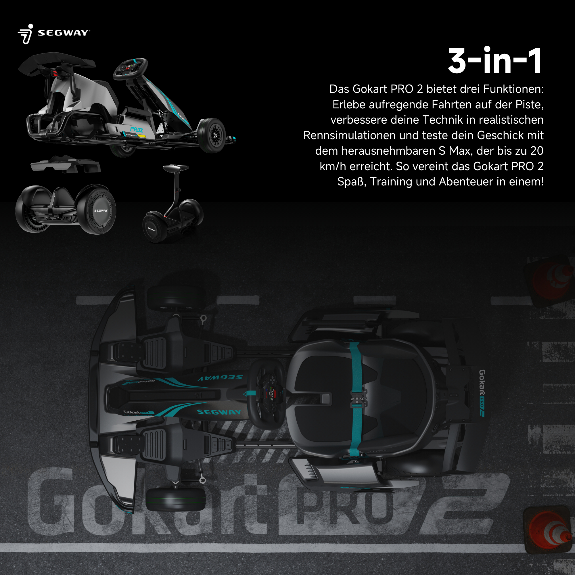 Segway GoKart Pro 2 mit drei Variationen. Text auf Deutsch über Funktionen. Schwarzer Hintergrund.