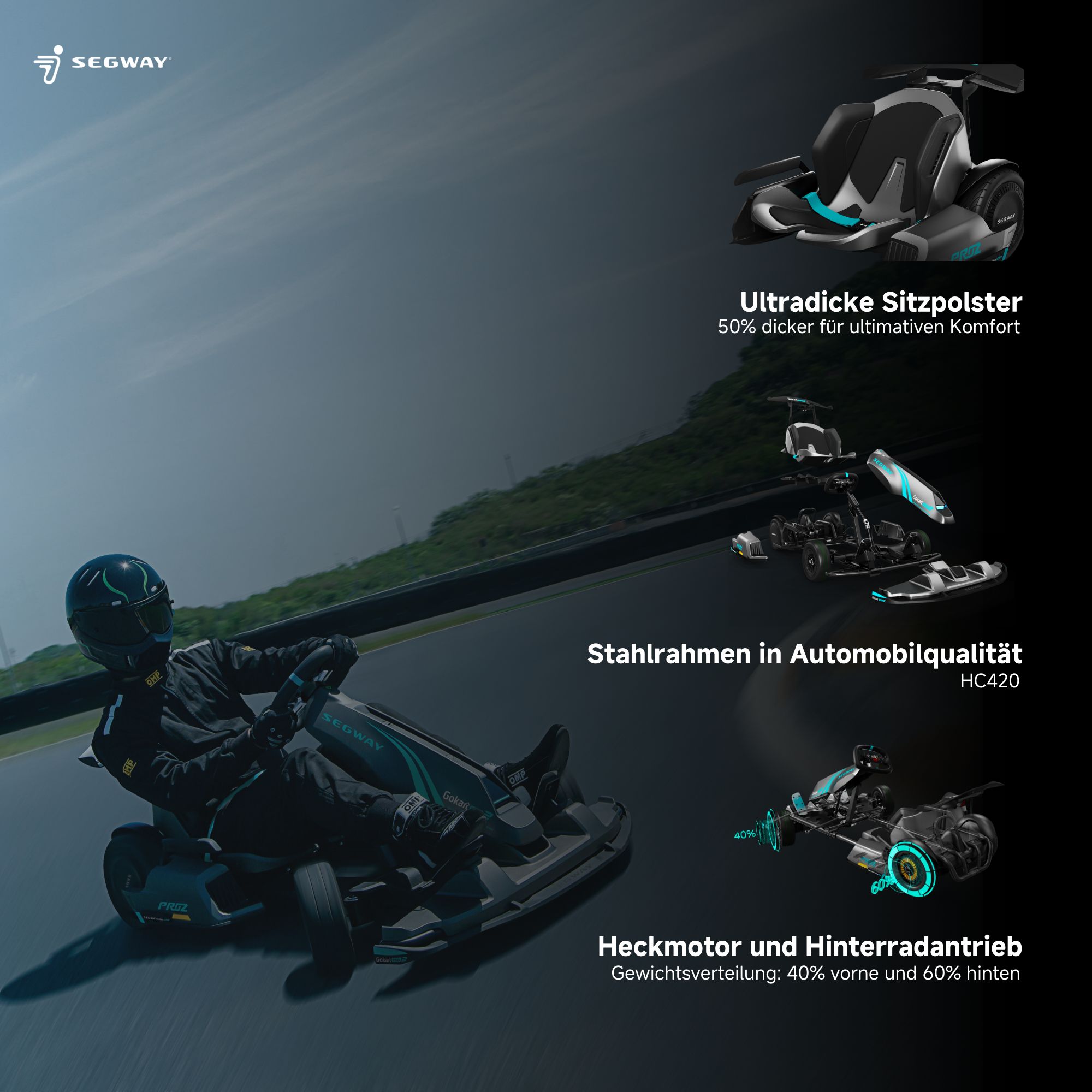 Ein Segway Go-Kart mit einer Person, die fährt, mit Grafiken und Text.