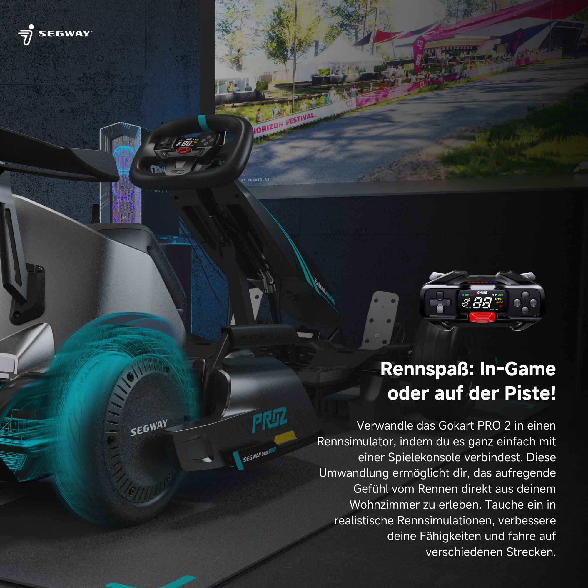 GoKart PRO 2 mit Bildschirm, der Rennspiel und Statistiken zeigt.