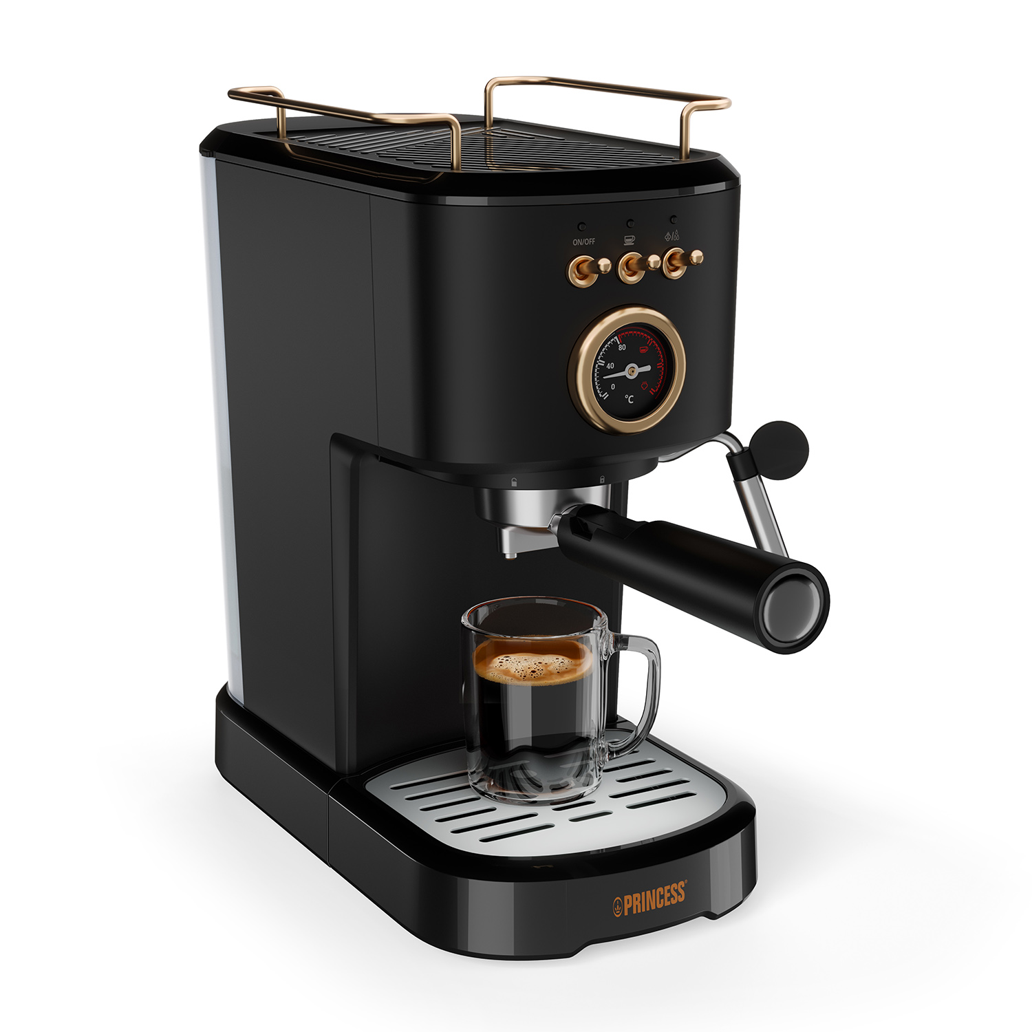 Macchina per espresso Princess nera con dettagli dorati, una tazza di caffè e sfondo bianco.