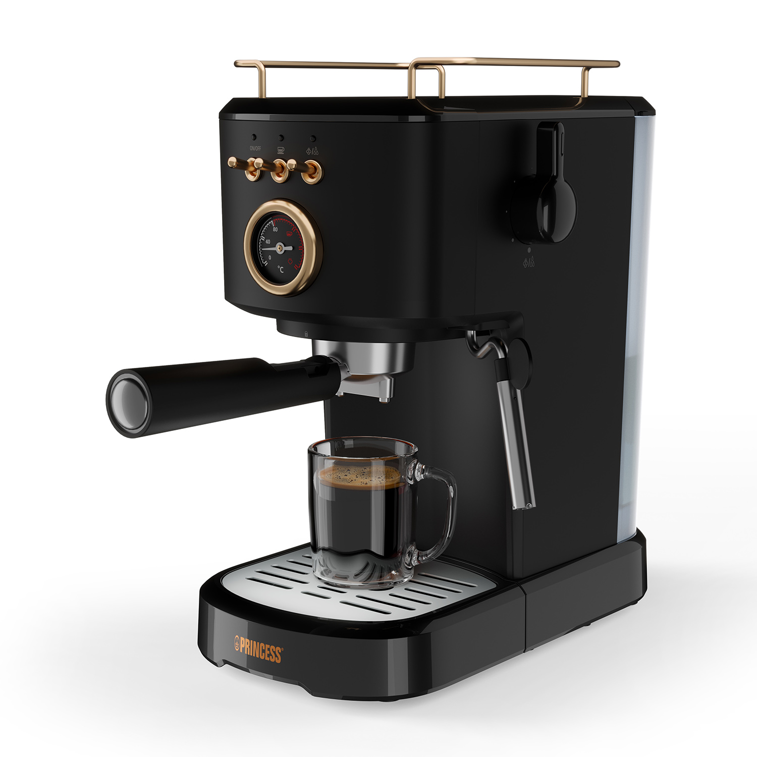 Una macchina per caffè espresso nera e oro con una tazza di vetro. La tazza è piena di caffè.