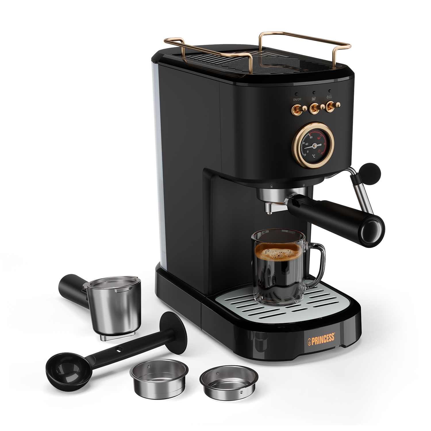 Macchina per espresso Princess nera con accessori, una tazza di caffè e sfondo bianco.