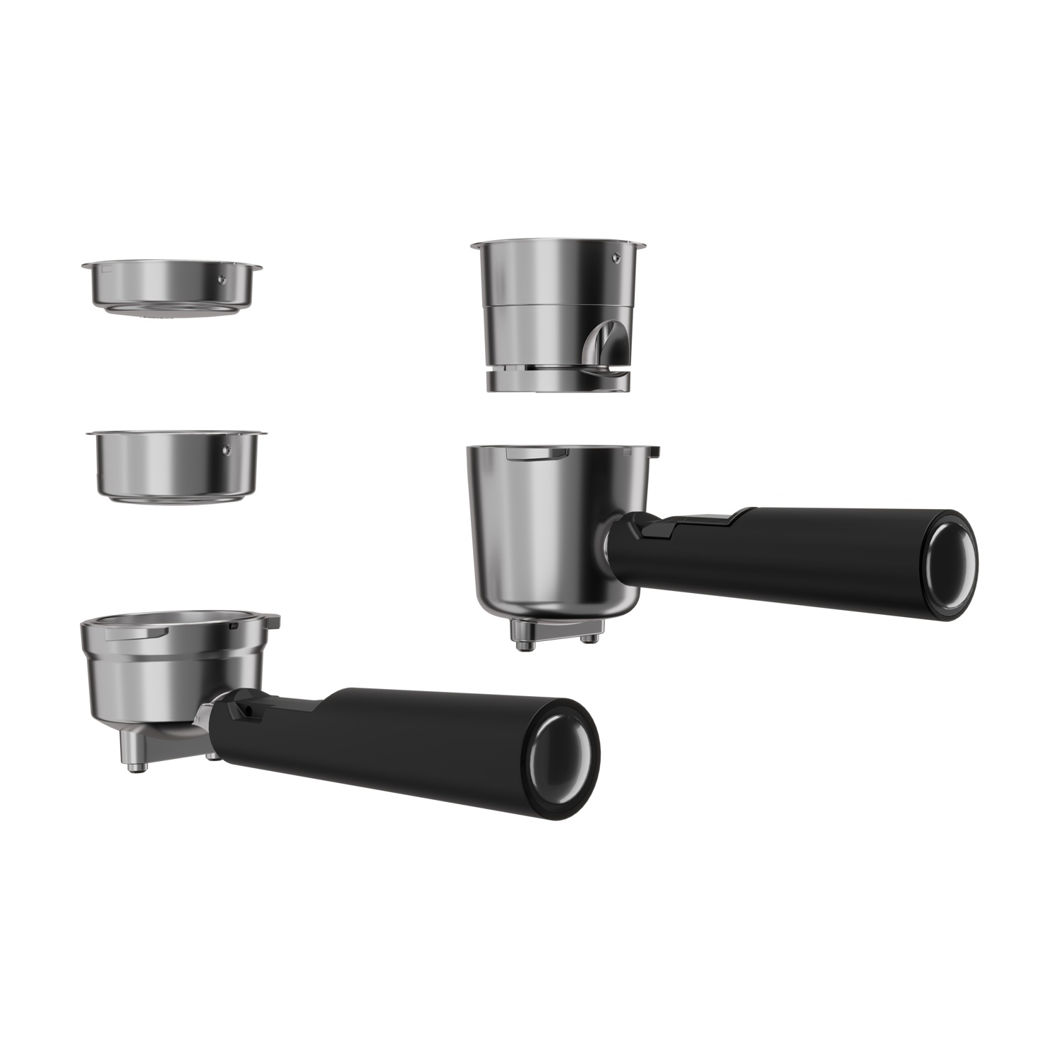 Parti della macchina per caffè espresso in acciaio inox: portafiltri e filtri. Manico nero.