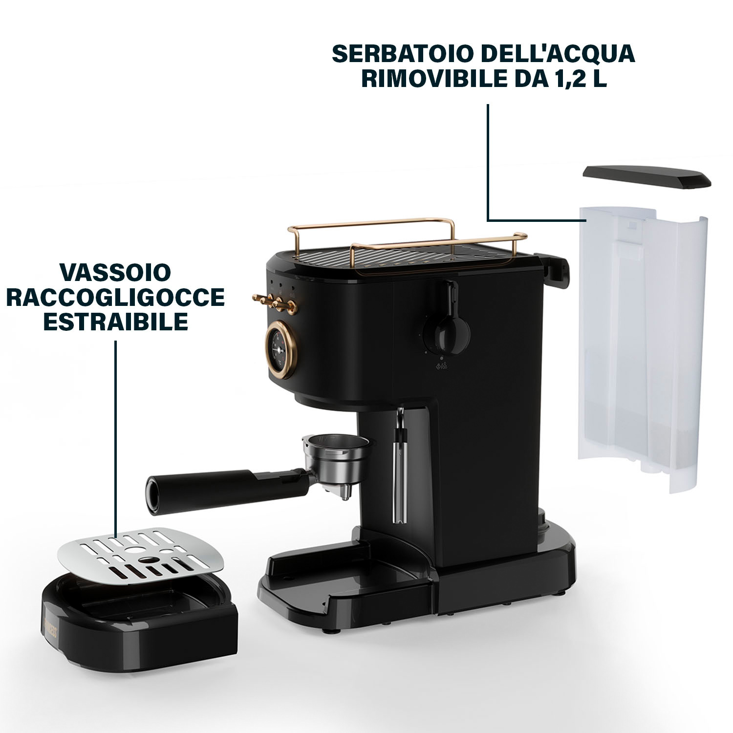 Macchina per espresso nera con parti etichettate, compreso il serbatoio dell'acqua e il vassoio.