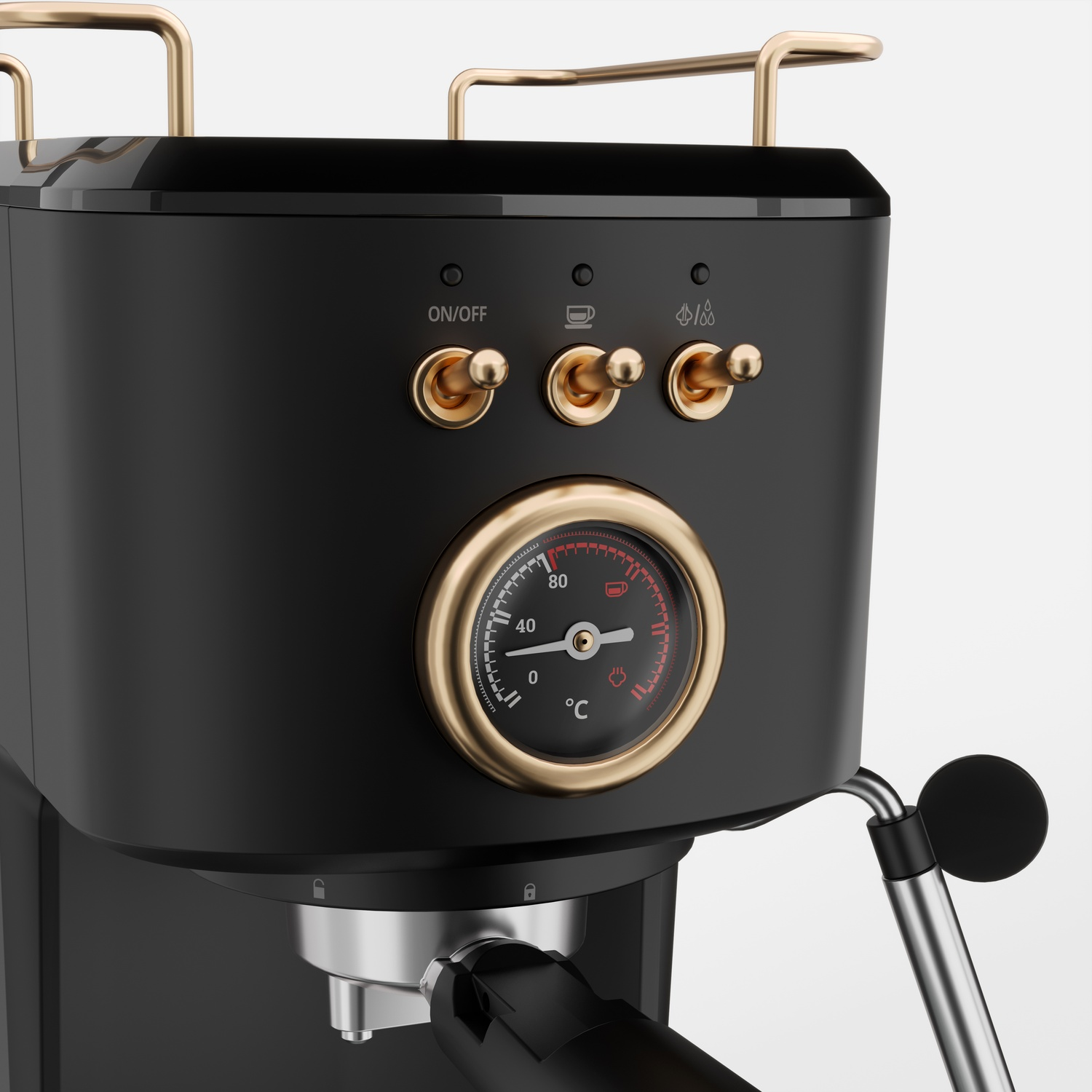 Primo piano del pannello di controllo della macchina per espresso Princess nera, con dettagli dorati.