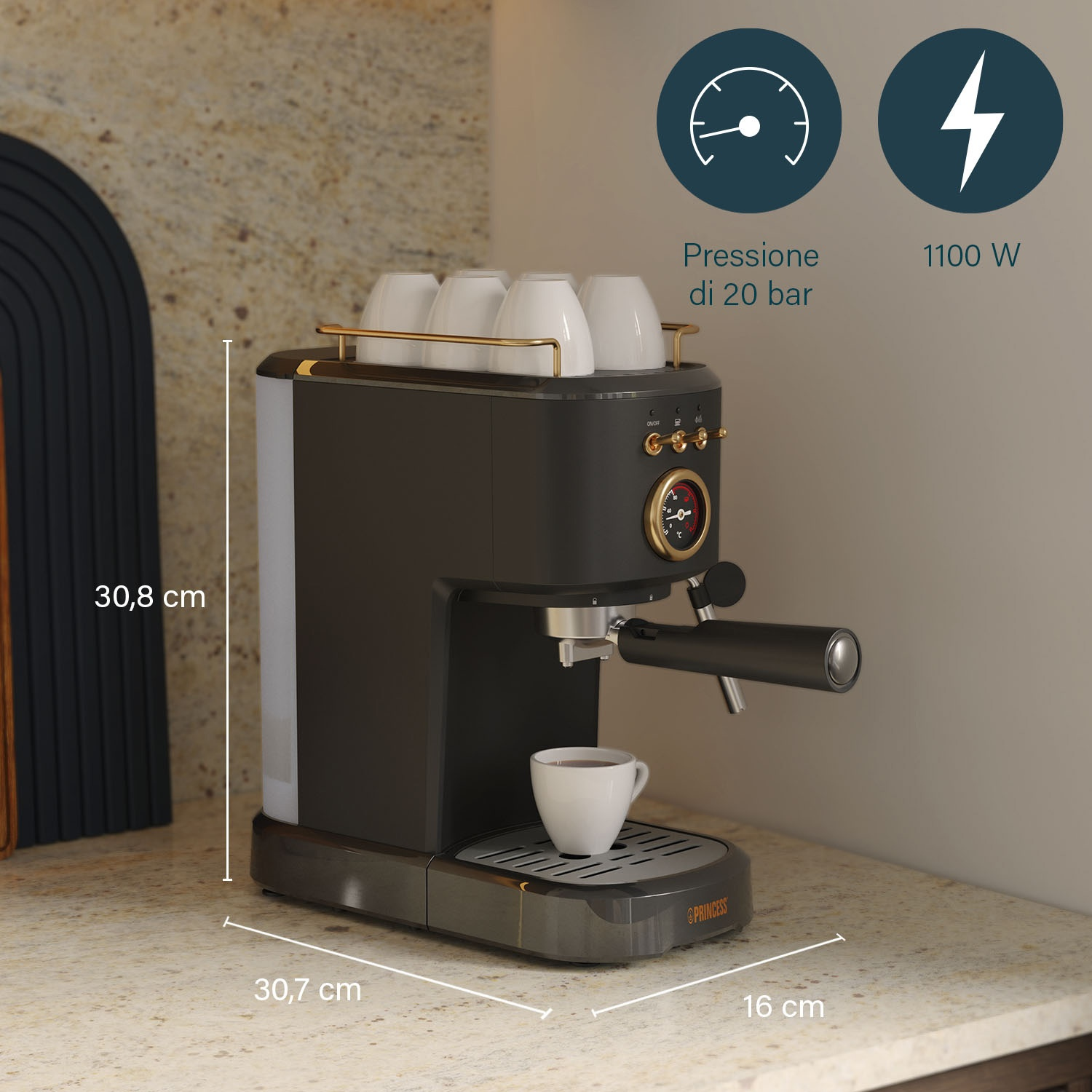Macchina per espresso nera e oro con tazze. Il display mostra pressione e potenza.