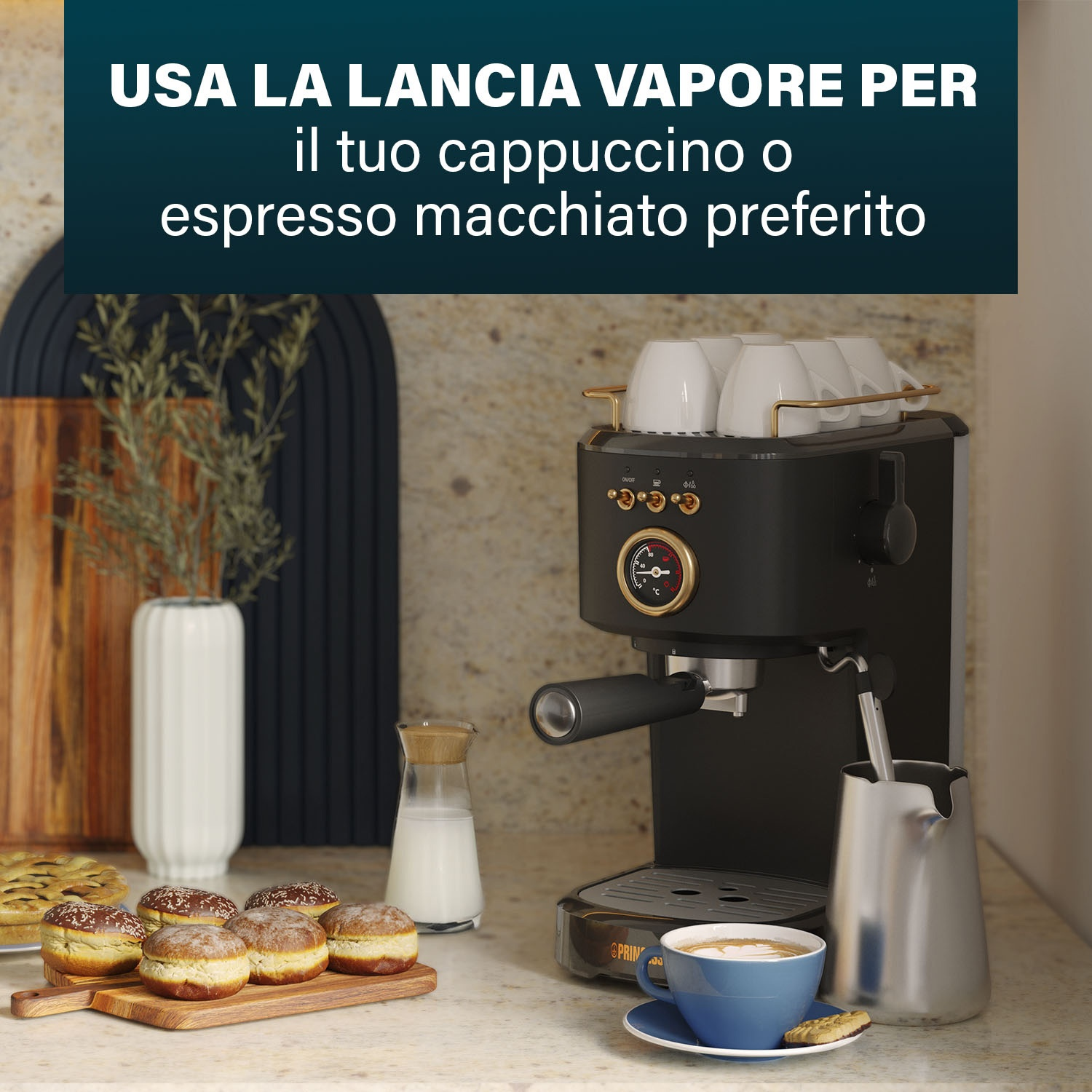 Macchina per espresso nera con tazza e pasticcini. Testo in italiano. Ambiente cucina.